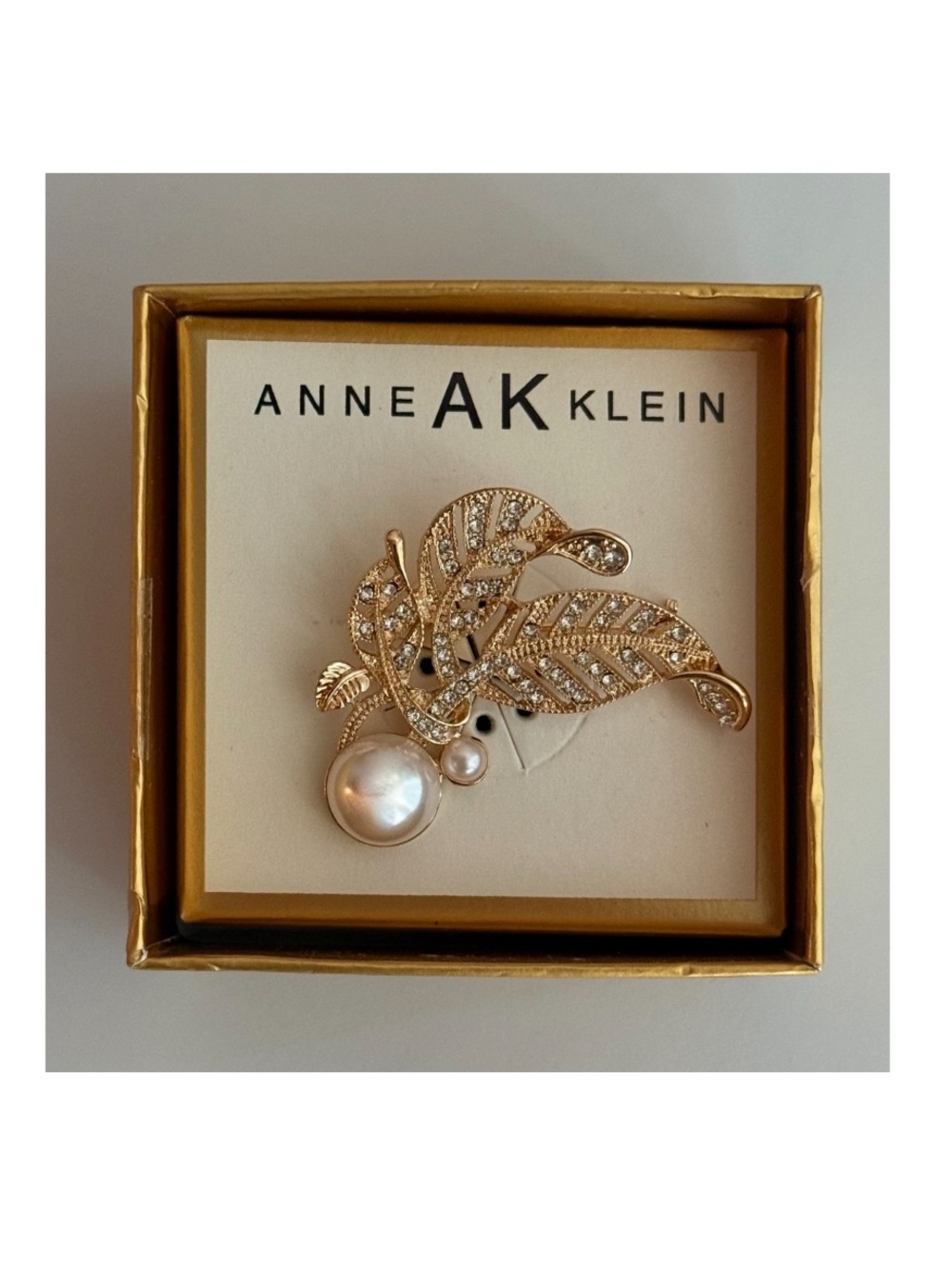 Anne Klein Gold Leaf Brooch with Pearls and Crystals
